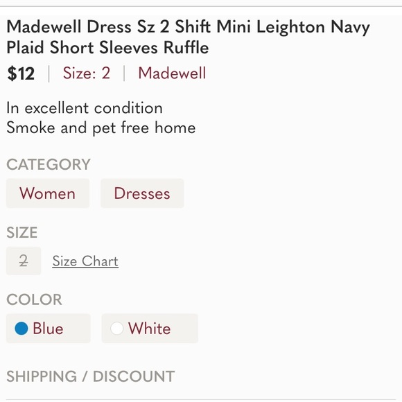 Madewell Dress.Sz 2 shift mini Leighton Navy Blue plaid dress ruffle sleeve - Picture 8 of 8